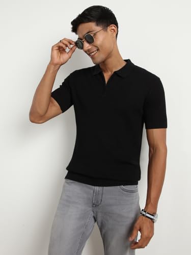 Nobero MenS Self Design Regular Fit Polo Shirt (1M-Twpo-R0014_Black