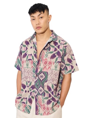 The Souled Store Ikat Soul Mens And Boys Short Sleeves Collared Neck Button Front Multicolor All Over Printed Rayon Regular Fit 