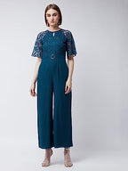 Miss Chase WomenS Round Neck Flared Sleeve Floral Raglan Regular Jumpsuit (Mcss23D79-02-83-02, Teal, Xs)