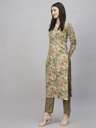 ANNI DESIGNER Womens Cotton Blend Straight Printed Kurta with Pant (Seep Green_XXL_Green_XX-Large)