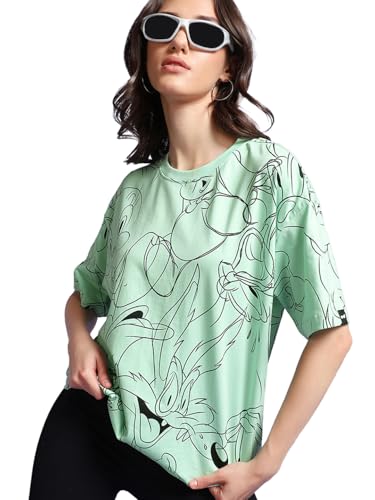 Bewakoof Womens All Over Printed Oversized Fit Half Sleeve Round Neck Cotton Plus Size T-Shirt_644675_Green_4XL