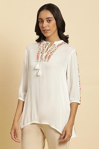 W Ecru Embroidered Rayon Tunic Top For Women