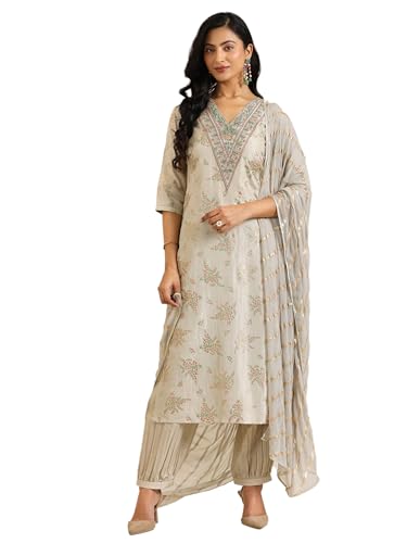 Libas Grey Floral Printed Silk Blend Straight Kurta Set For Women (400612Rxl)