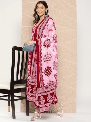 ANNI DESIGNER Womens Rayon Blend Straight Printed Kurta with Pant & Dupatta (Ball-Pink_L_Pink_Large)