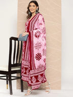 ANNI DESIGNER Womens Rayon Blend Straight Printed Kurta with Pant & Dupatta (Ball-Pink_L_Pink_Large)