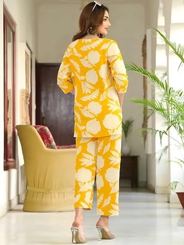 Pinkmint Womens Pure Cotton Co Ord Set L Printed Stylish Top & Bottom Set L Wide-Leg Pant Loungewear L Day-To-Night Comfort Wear