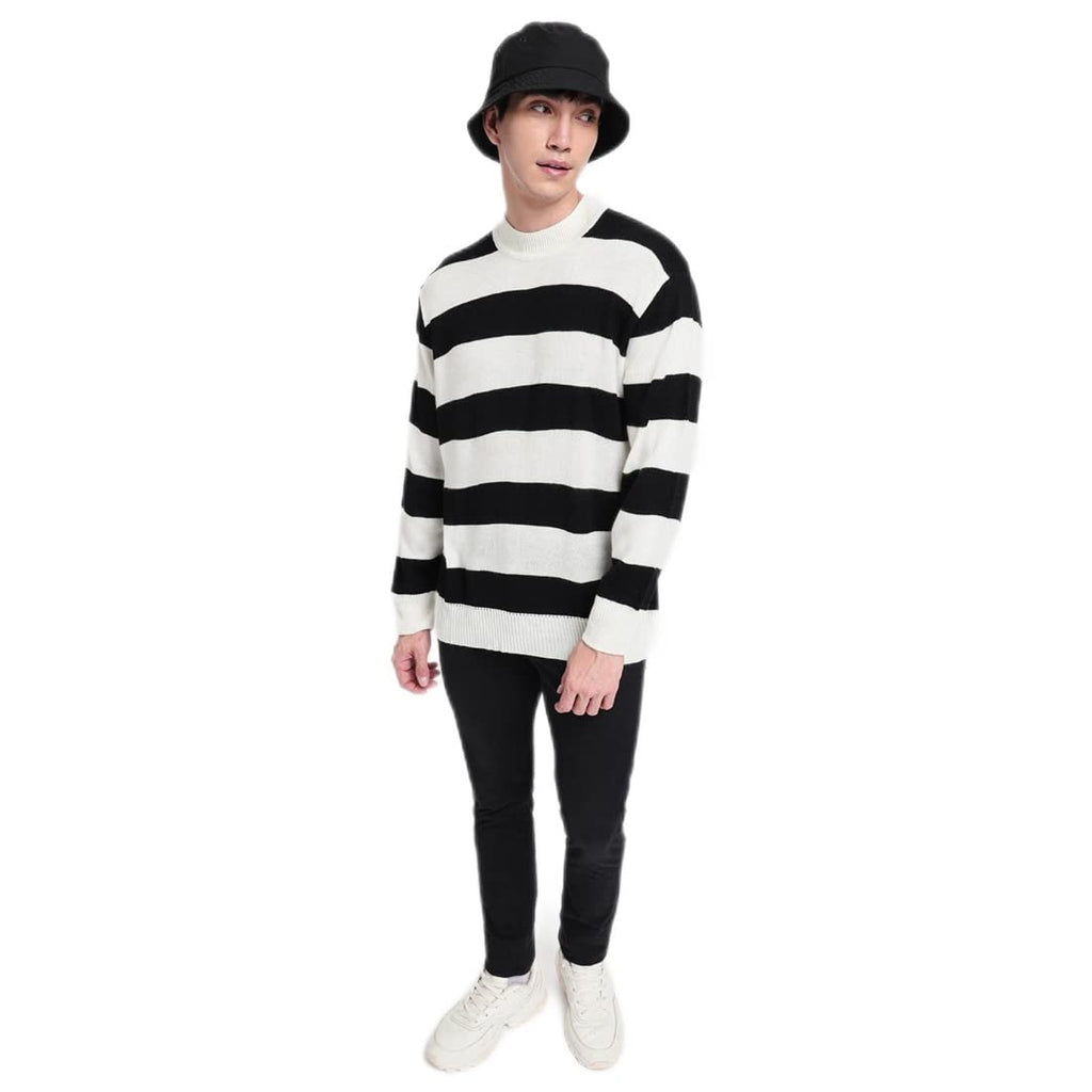 Bewakoof Mens Striped Black Mock Neck Full Sleeve Oversized Sweater