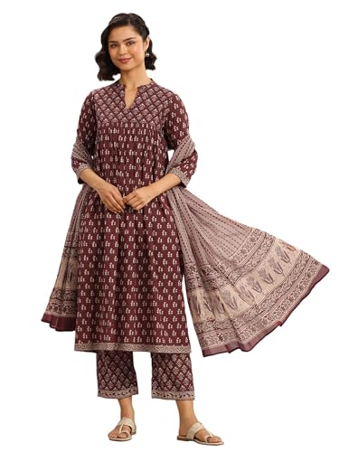 Maroon Ajrakh Printed Empire Style Anarkali Kurta With Printed Trouser And Dupatta