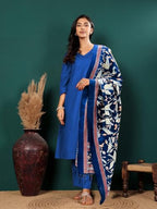 Varanga Women V Neck Straight Kurta With Pants & Dupatta