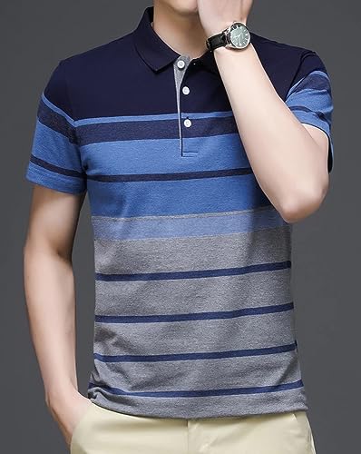 EYEBOGLER Mens Designer Half Sleeves Polo Neck Striped T-Shirt Blue