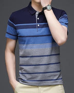 EYEBOGLER Mens Designer Half Sleeves Polo Neck Striped T-Shirt Blue