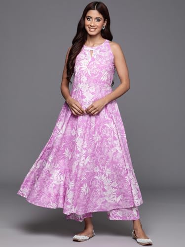 Varanga Women Lavender Floral Printed Halter Neck Anarkali Kurta With Bottom