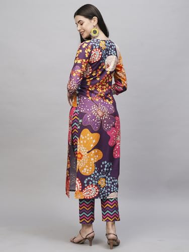 ANNI DESIGNER Womens Cotton Blend Straight Printed Kurta with Pant (Wahida Purple_S_Purple_Small)
