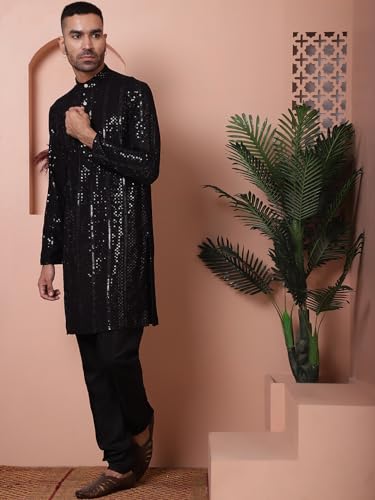 Jompers Mens Black Sequins Embroidered Kurta With Pyjama. (Black, Xl)