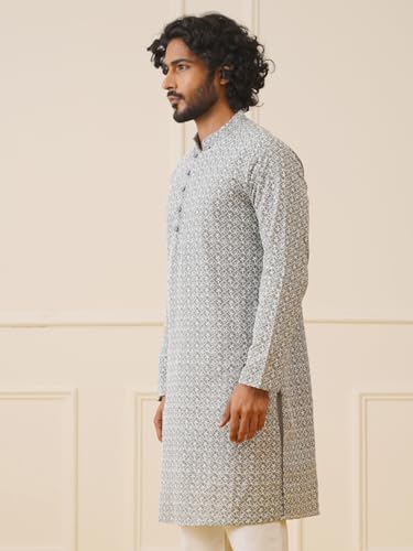 Jompers Men Grey Chikankari Embroidered Kurtas