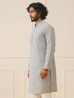 Jompers Men Grey Chikankari Embroidered Kurtas