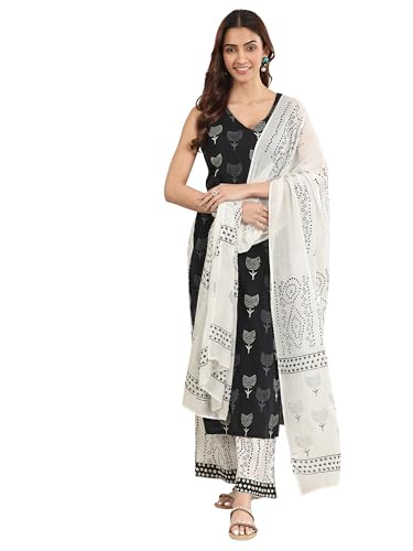 Black Motifs Printed Sleeveless Straight Kurta With Wide Leg Palazzo And Printed Dupatta