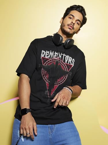 Bewakoof MenS Graphic Printed 100% Cotton T-Shirt - Oversized Fit, Round Neck, Half Sleeves_589145_Black_M