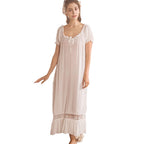 Flaydigo Women Nightdress,Short Sleeve Vintage Nightgown Victorian Sleepwear Lounge Dress, White, Large