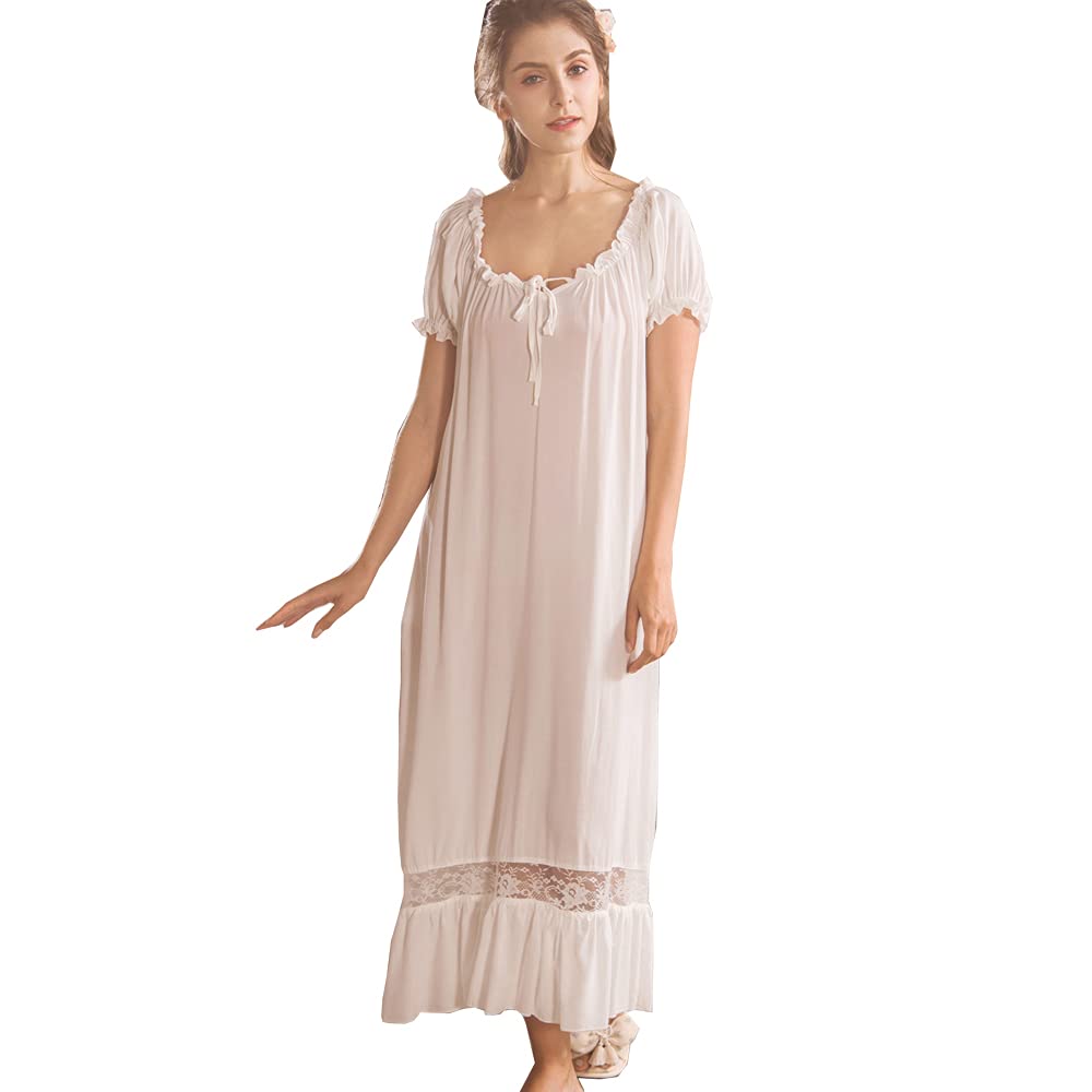 Flaydigo Women Nightdress,Short Sleeve Vintage Nightgown Victorian Sleepwear Lounge Dress, White, Large