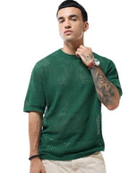 Bewakoof Mens Self Design Oversized Fit Half Sleeve Round Neck Pure Cotton T-Shirt_633529_Green_S