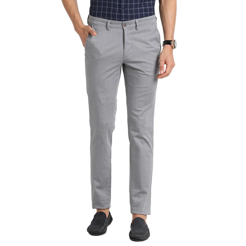 Turtle Men Cotton Stretch Steal Checkered Narrow Fit Flat Front Casual Trouser Silver
