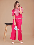 Womanista Womens Pure Cotton Solid Regular 2 PC Co-ord Set 9174_Fuschia