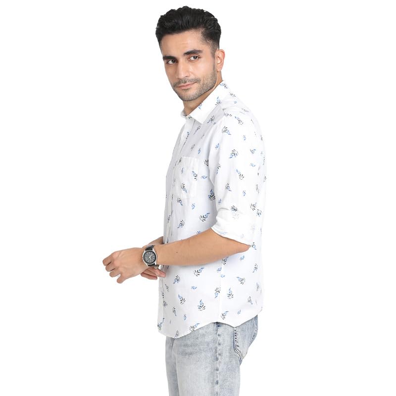 Turtle Men Cotton Linen White Printed Slim Fit Full Sleeve Casual Shirt