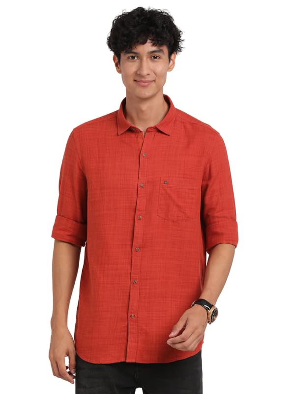 Turtle Men Cotton Linen Slim Fit Brick Red Solid Casual Shirt