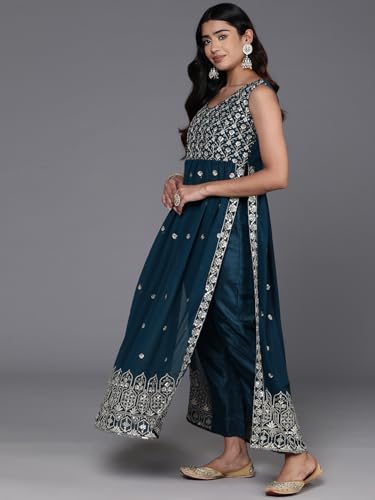 Libas Teal Embroidered Georgette A-Line Kurta With Trousers & Dupatta