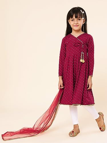 A.T.U.N. (All Things Uber Nice) Girls Printed Angrakha Pure Cotton Kurta With Leggings & Dupatta