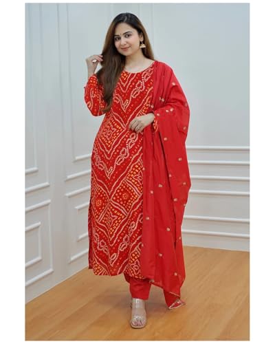 ANNI DESIGNER Womens Rayon Blend Straight Bandhani Printed Kurta with Pant & Dupatta (Nagwar Red_XXL_Red_XX-Large)