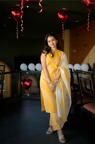 ANNI DESIGNER Womens Rayon Viscose Straight Printed Kurta with Pant & Dupatta (Dabiman Yellow_XXL_Yellow_XX-Large)