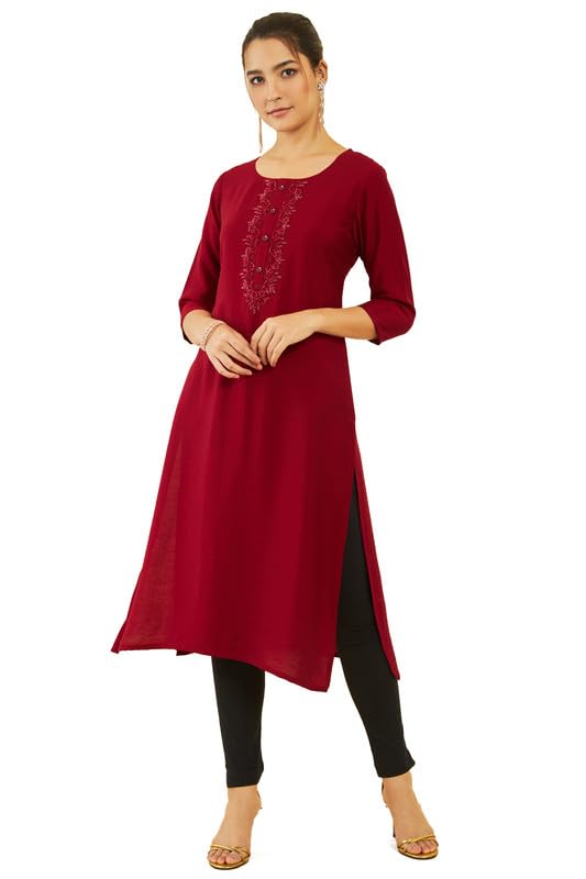 Soch Women Viscose Blend Cutdana Embroidered Round-Neck Straight Kurta