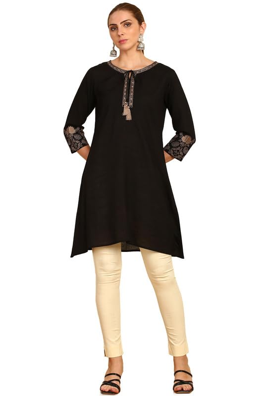 Soch Women Tie-Up Neck Rayon Slub A-Line Short Kurta with Thread Work