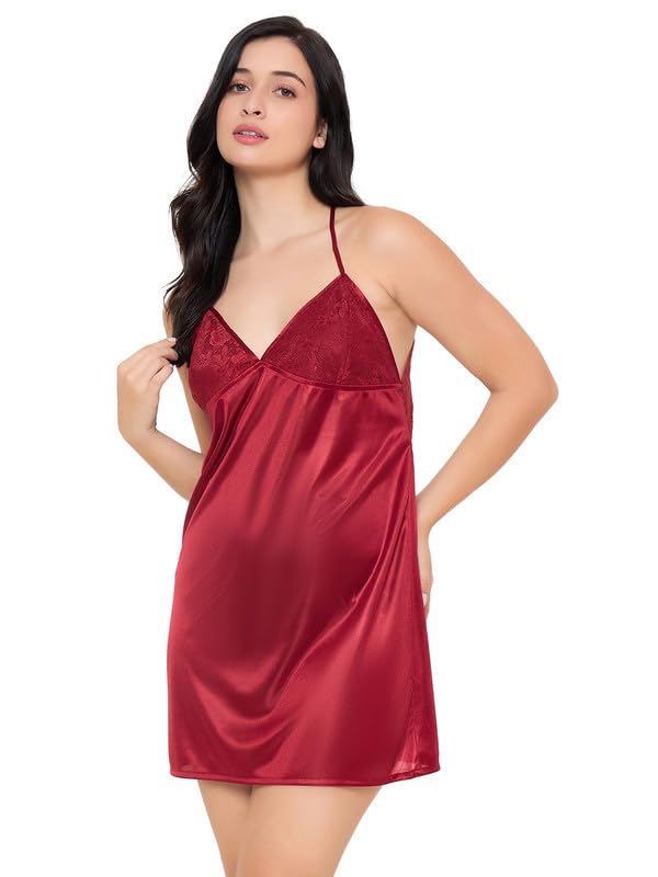 Clovia Womens Satin Solid Babydoll (NS1031P09_Maroon_XXL)