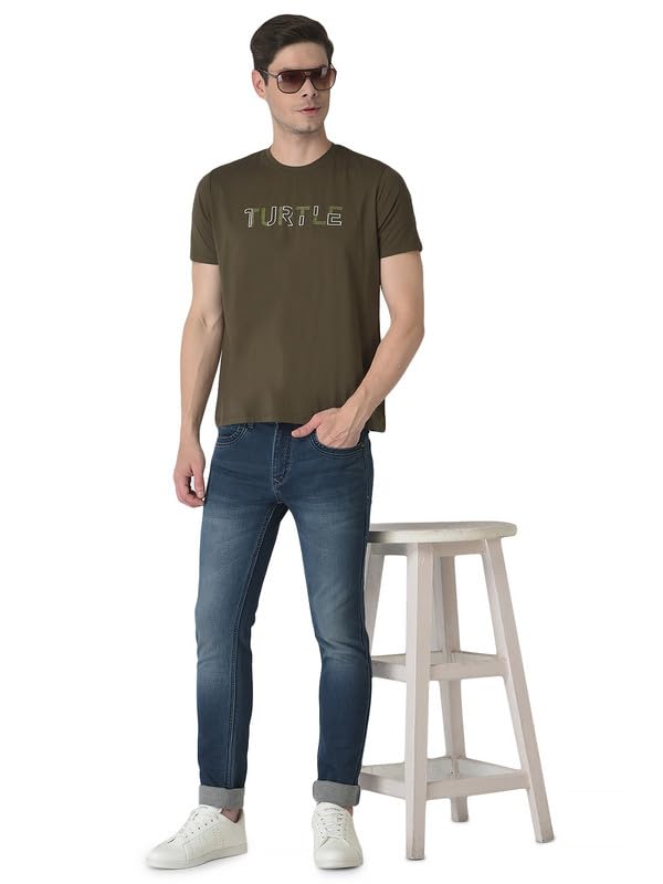 Turtle Men Knitted Olive Printed Crew Neck Half Sleeve Casual T-Shirt