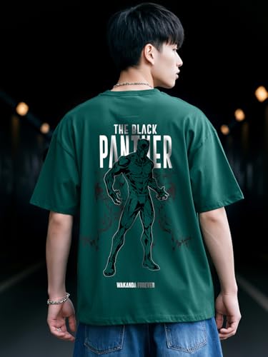 Bewakoof Official Marvel Merchandise Wakanda Forever Mens Graphic Print Oversized Fit Half Sleeve Round Neck Cotton T-Shirt_637