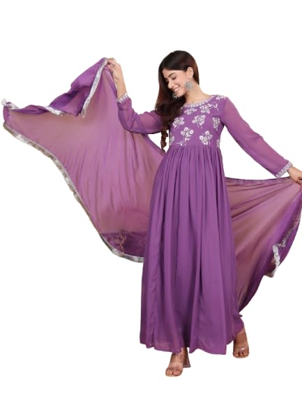 Varanga Lavender Zari Thread Embroidered Flared Kurta With Dupatta For Women