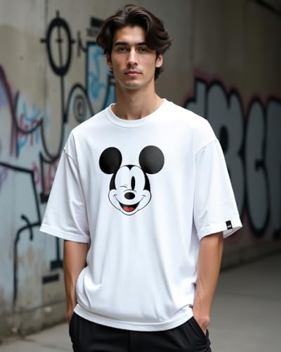 Bewakoof Mens Mickey 100% Cotton T-Shirt - Oversized Fit, Round Neck, Half Sleeves White