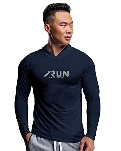 EYEBOGLER Mens Dry Fit Hooded Neck Full Sleeve Casual Tshirt Navy Blue