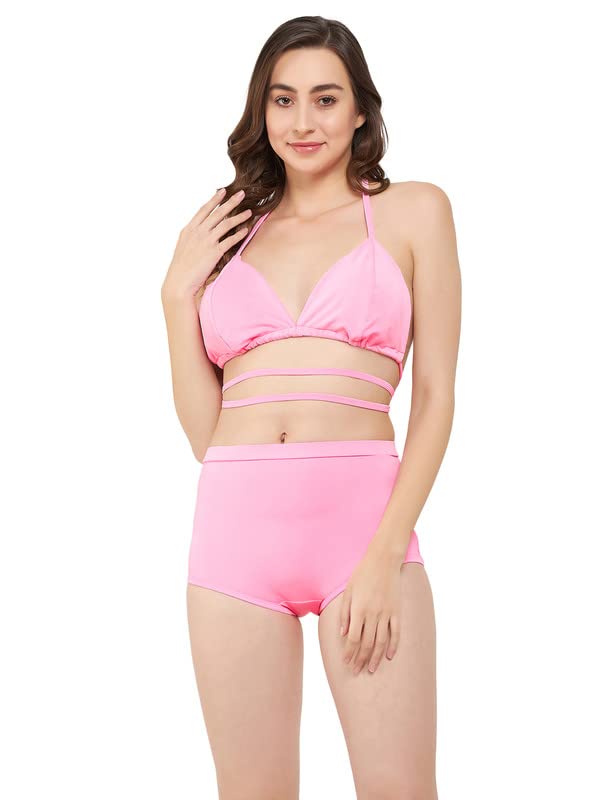 Clovia Womens Padded Halter Neck Bikini Top & High Waist Bikini Bottoms (SM0124P22_Pink_XXL)