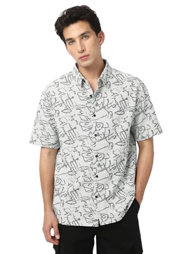 Bewakoof MenS All Over Printed Oversized Fit Half Sleeve Resort Collar Jacquard Shirt_677339_White_Xl