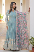 Fashion Basket Gergette Embroidered Long Anarkali Sky Blue