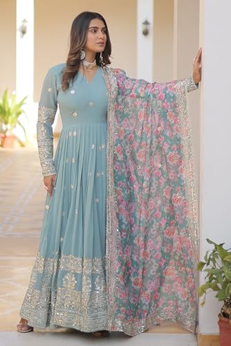 Fashion Basket Gergette Embroidered Long Anarkali Sky Blue