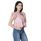 Leriya Fashion WomenS Western Crop Tops | Fancy Stripped With Ruffle Sleeves | Button Down Lightweight Cotton For Girls | Suita