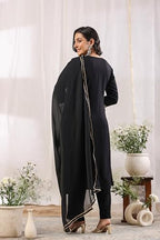 Ishin Women'S Black Yoke Design Zari Work A-Line Kurta With Trousers & Dupatta