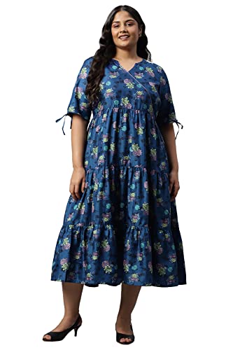 Dark Blue Floral Printed Plus Size Dress