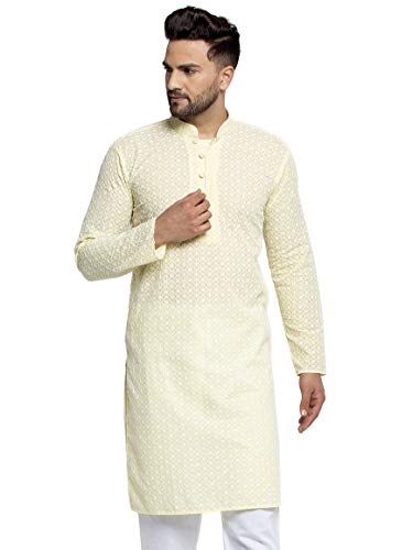 Jompers MenS Embroidered Pure Cotton Kurta. (Yellow,M)