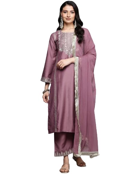 Varanga Women Mauve Zari Embroidered Sequins Embellished Kurta Set With Dupatta